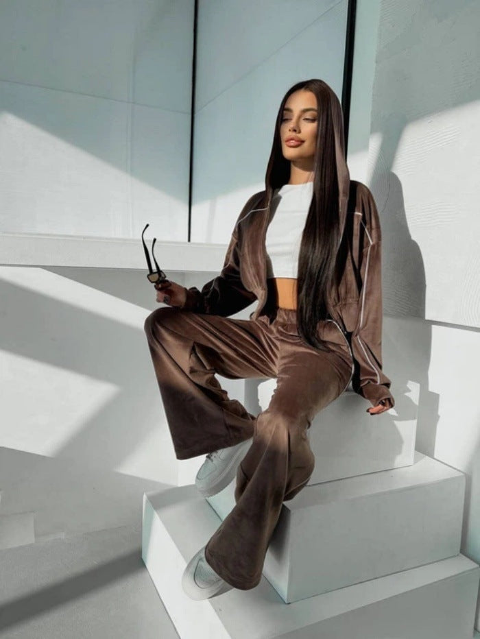 Damen Velours Loungewear Set Kurz Hoodie Weites Bein