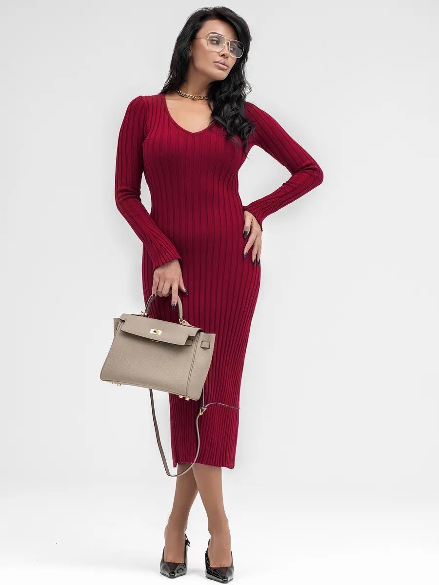 Damen Strickkleid V-Ausschnitt Rippenstruktur Eveloria