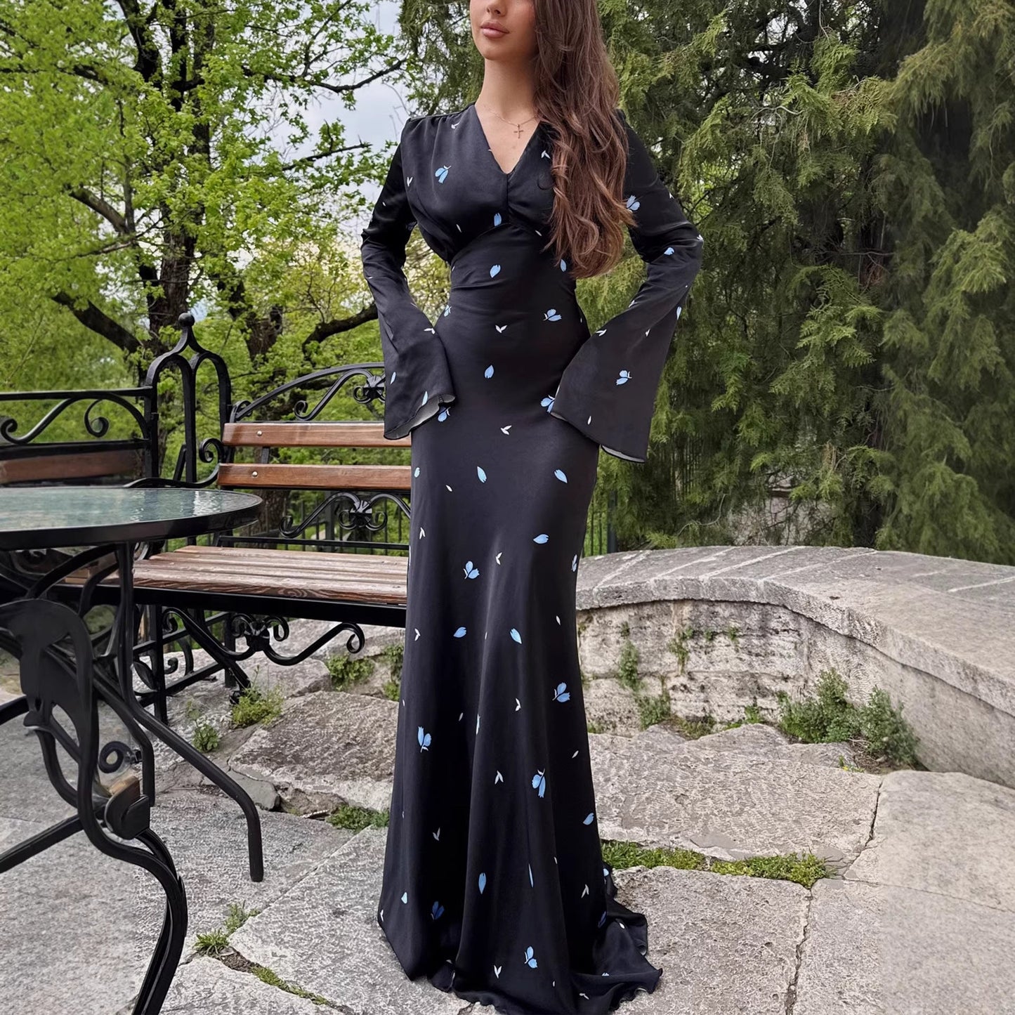 Damen Maxikleid Langärmelig Floralmuster feminin
