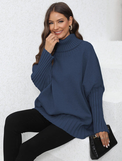 Damen Oversized Strickpullover Hochkragen Voluminöse Ärmel