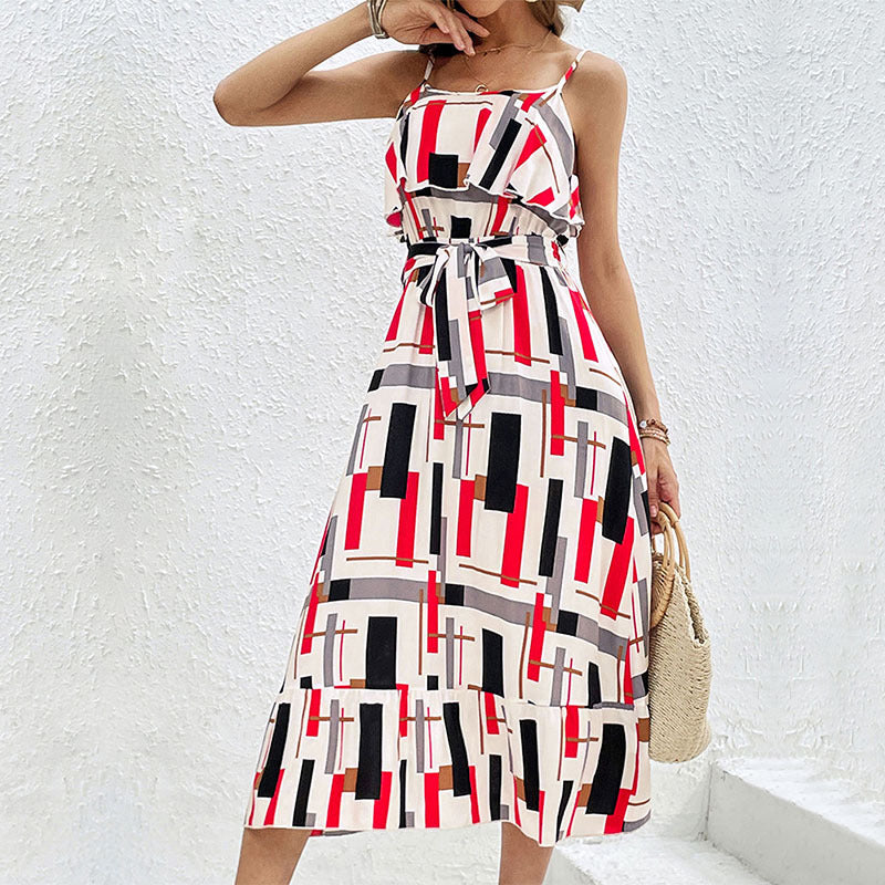 Damen Midi-Kleid Grafisches Design Taillengürtel Eveloria - Eveloria