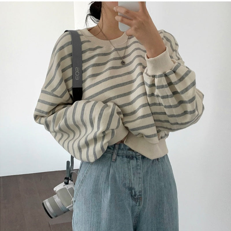 Damen Sweatshirt Gestreift Lässig Puffärmel Grau
