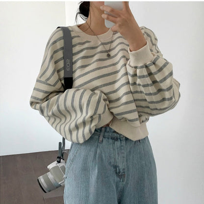 Damen Sweatshirt Gestreift Lässig Puffärmel Grau