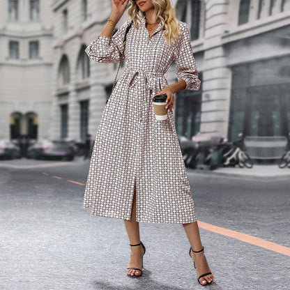 Damen Langarm-Hemd-Kleid mit Bindegürtel und Muster