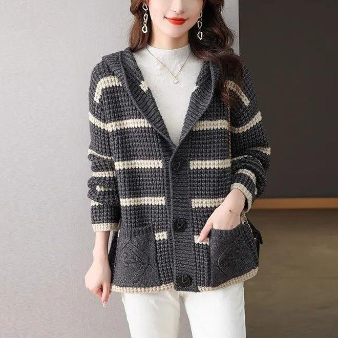 Damen Strickjacke Kapuze Karomuster Eveloria