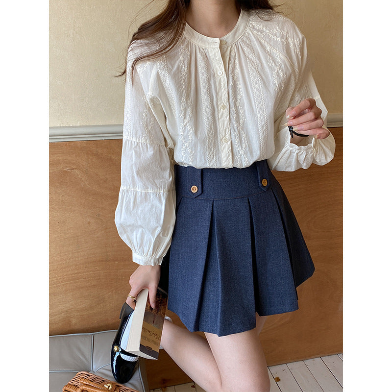 Damen Bluse Puffärmel Feines Stickdesign Weiße Bluse Eveloria - Eveloria