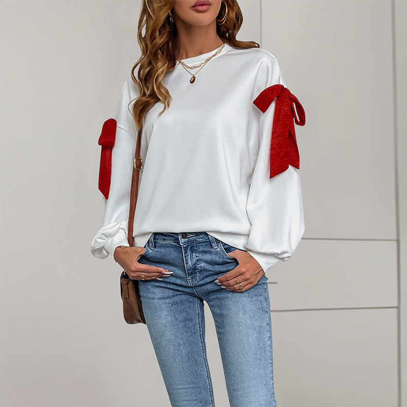 Damen Sweatshirt Voluminöse Puffärmel Schleifendesign Grau