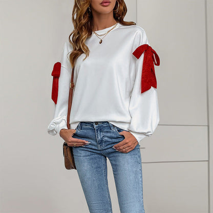 Damen Sweatshirt Voluminöse Puffärmel Schleifendesign Grau