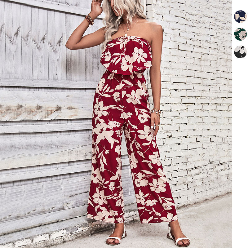 Damen Jumpsuit Florale Rüschen Atmungsaktives Material Weiß - Eveloria