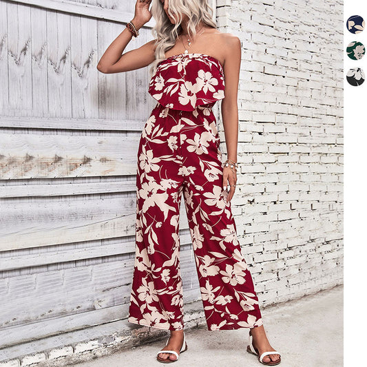 Damen Jumpsuit Florale Rüschen Atmungsaktives Material Weiß - Eveloria