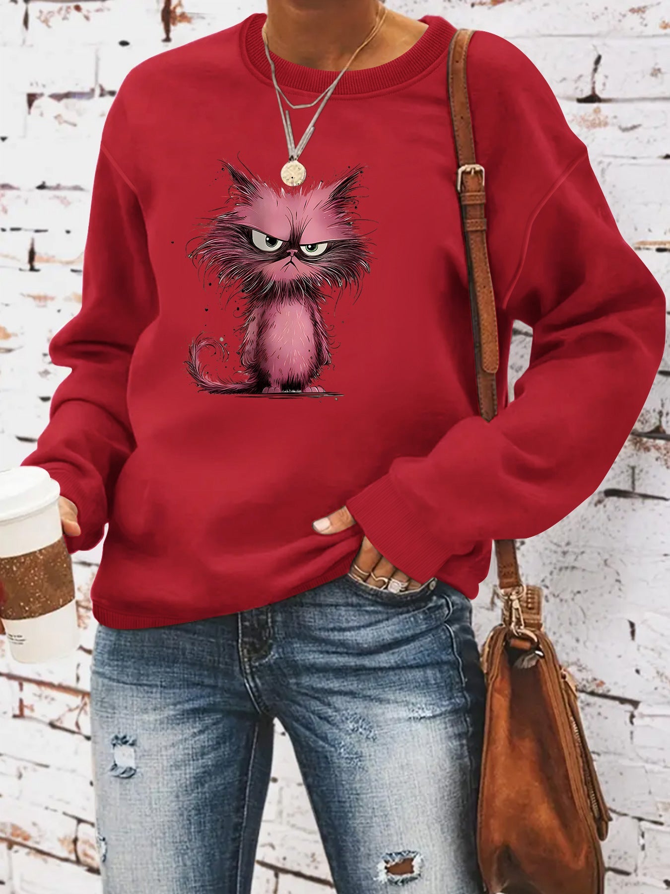 Damen Sweatshirt Katzenmotiv Eveloria Weiss