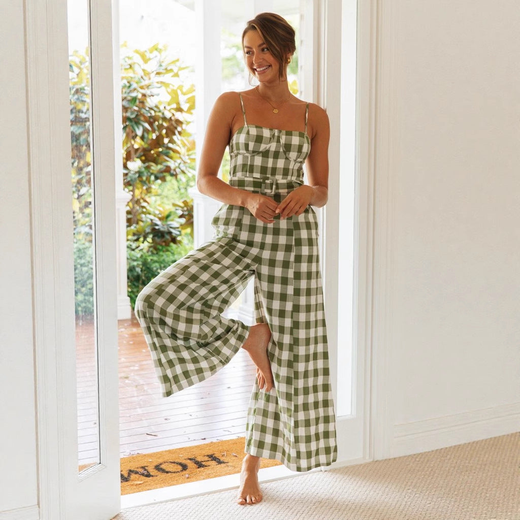 Damen Jumpsuit Gingham Muster Taillengürtel Eveloria