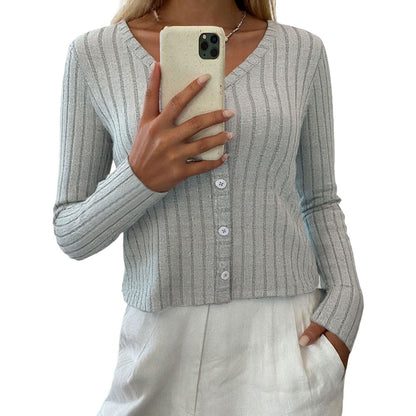 Damen Strickoberteil Feine Rippstrukturen Elegante Knopfleiste