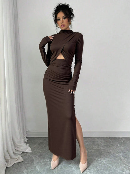 Damen Wickelkleid Langärmlig Schlitz Eveloria