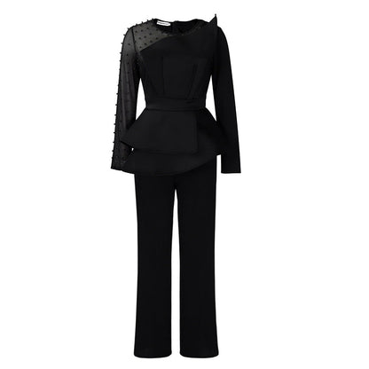Damen Jumpsuit Asymmetrisch Perlendetails Eveloria