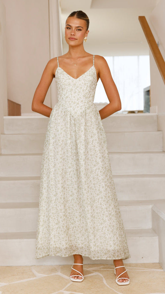Damen Maxikleid feines Floralmuster Spaghettiträger Eveloria