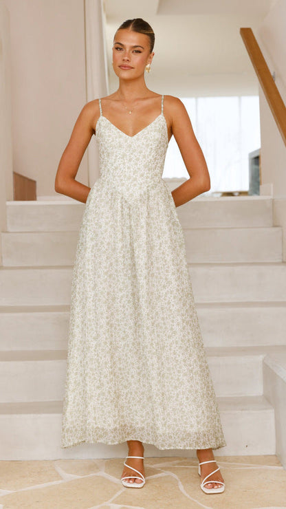 Damen Maxikleid feines Floralmuster Spaghettiträger Eveloria