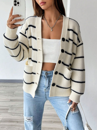 Damen Strickcardigan Kurzarm Gestreift mit Knöpfen und Taschen