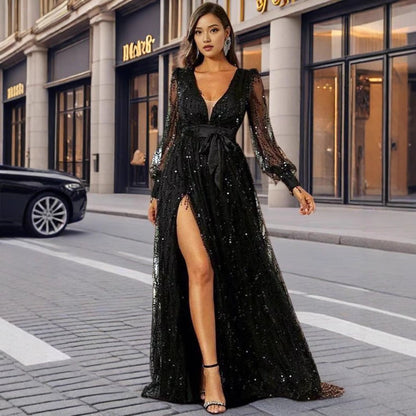 Damen Abendkleid Pailletten Tiefes Dekolleté