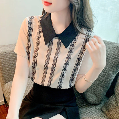 Damen Bluse Spitzen Streifenakzente Elegante Weiß
