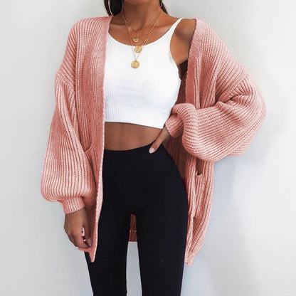 Damen Grobstrick Cardigan Oversized Ärmel Praktische Taschen