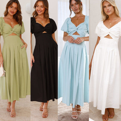Damen Midikleid Puffärmel Verspielter Knoten Detail - Eveloria