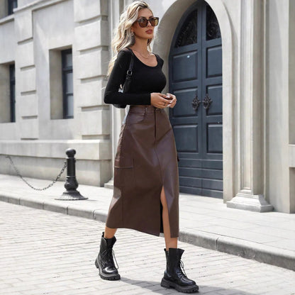 Damen Midirock Kunstleder Praktische Taschen
