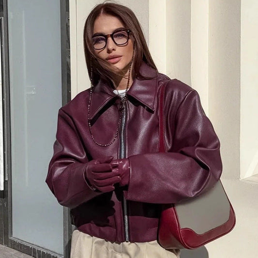 Damen Kunstlederjacke Stylischer Kragen Schwarz Eveloria - Eveloria