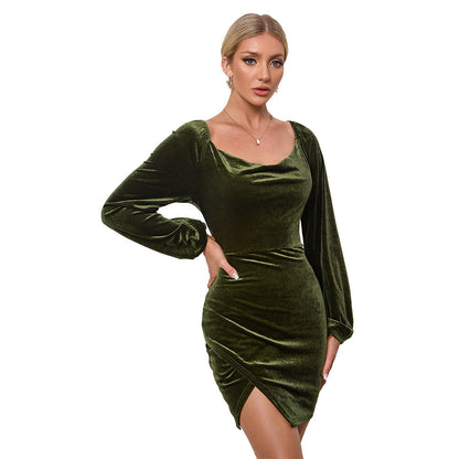 Damen Minikleid aus Samt mit Schlüsselausschnitt und Puffärmeln