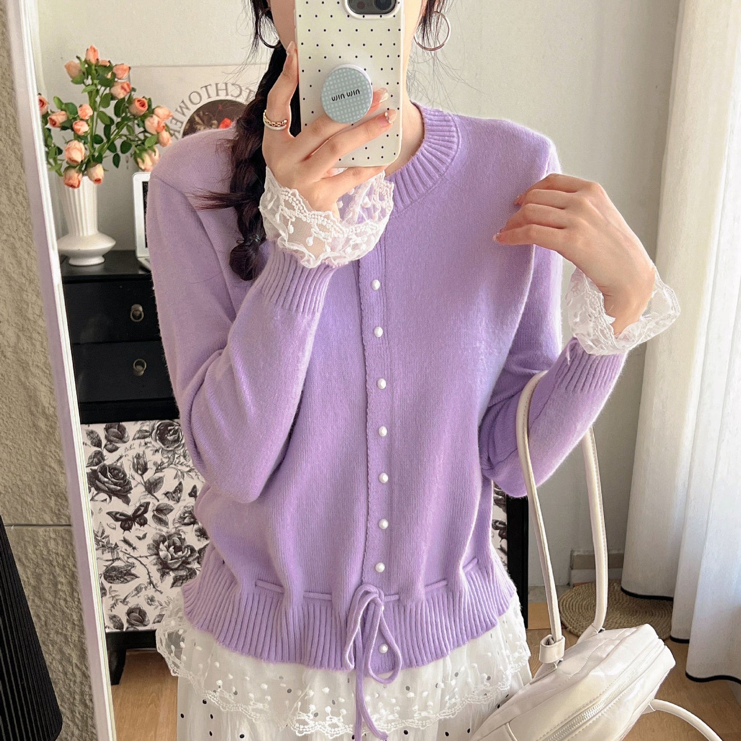Damen Strickjacke Rüschendetails Perlenknöpfe Eveloria - Eveloria