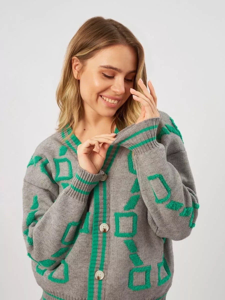 Damen Strickjacke Bunt Geometrisches Muster Knöpfe Eveloria