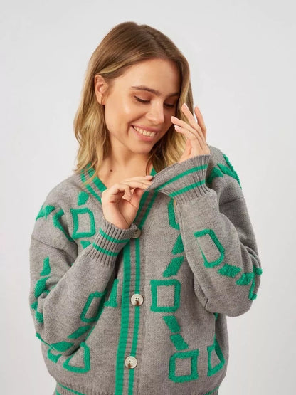 Damen Strickjacke Bunt Geometrisches Muster Knöpfe Eveloria