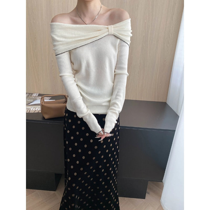 Damen Off-Shoulder Pullover Langärmlig Raffung Eveloria