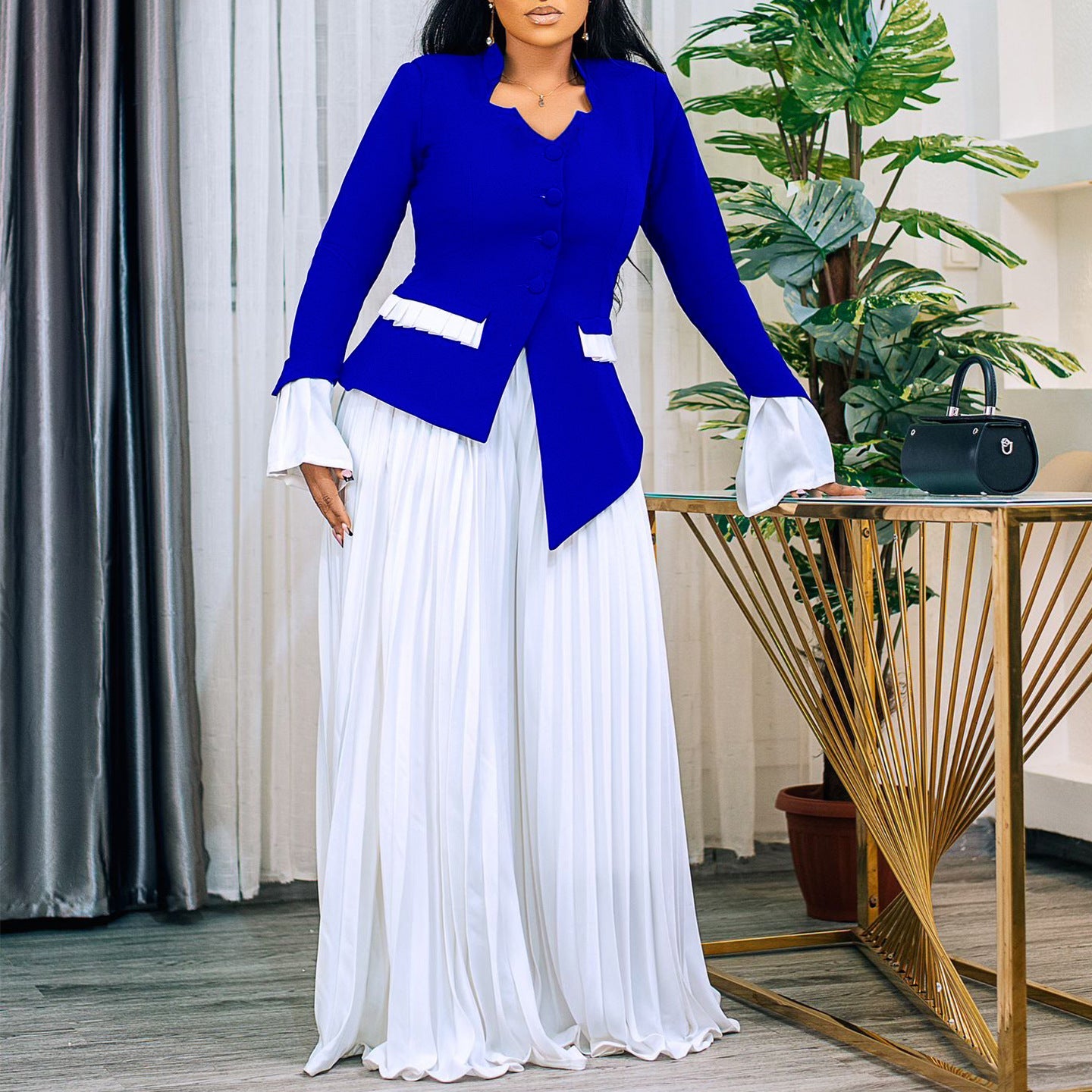 Damen Jumpsuit Tailliert Plissee Eveloria