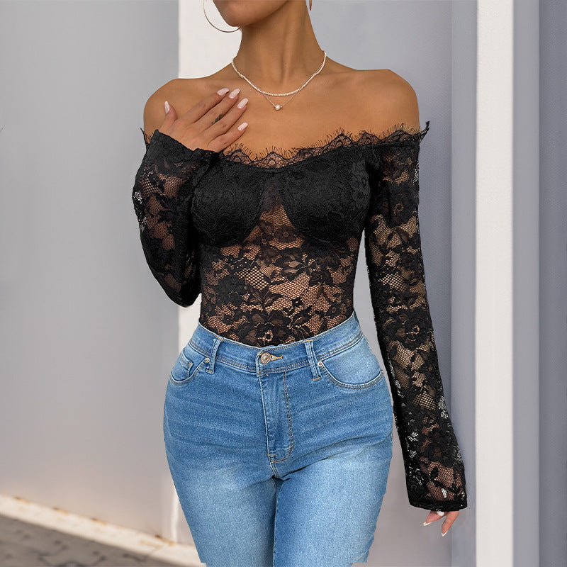 Damen Spitzenbody Off-Shoulder-Ausschnitt Langer Ärmel Schwarz - Eveloria