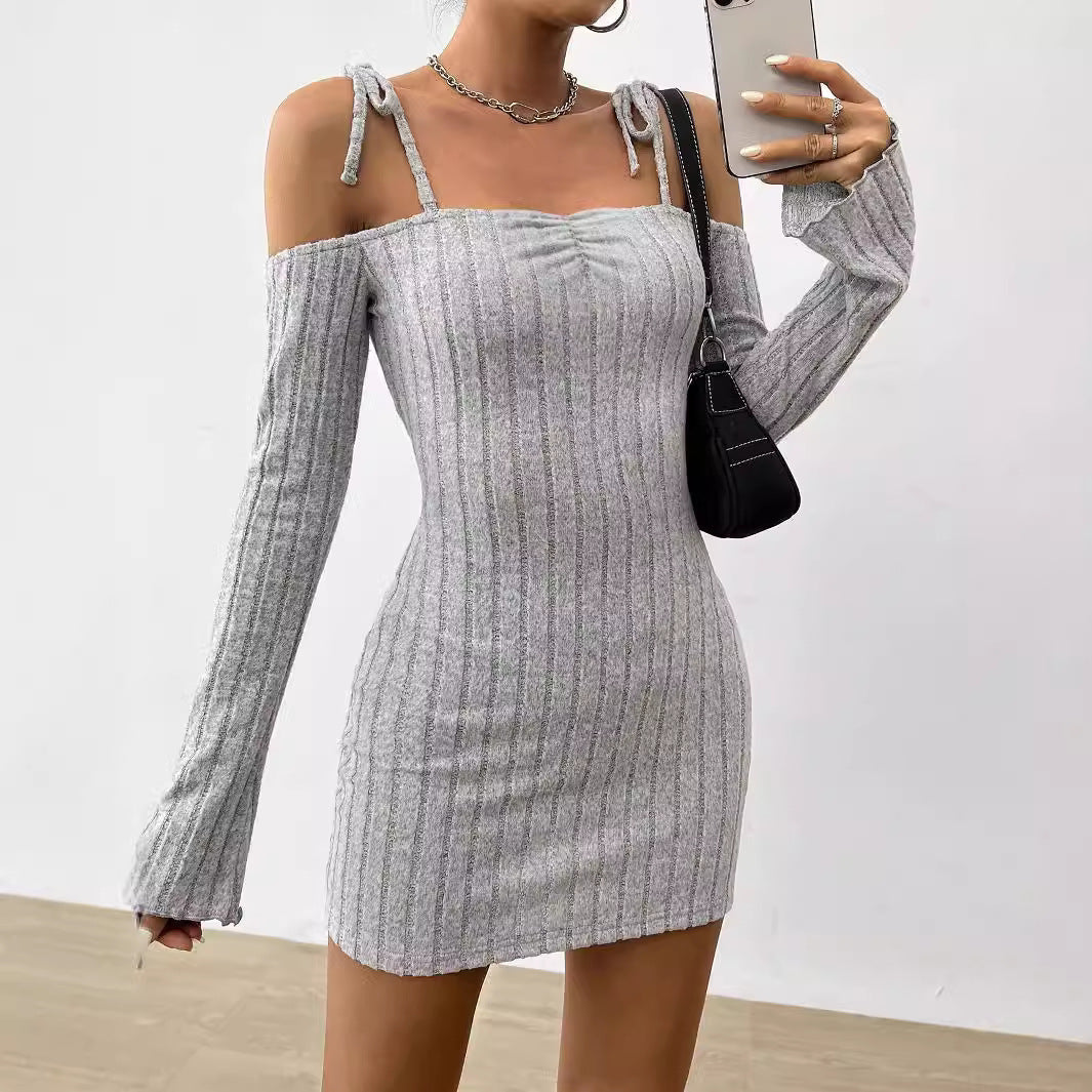 Damen Minikleid Schulterfrei Rippstrick Eveloria - Eveloria