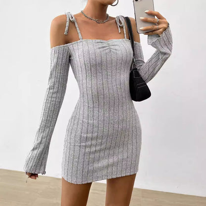 Damen Minikleid Schulterfrei Rippstrick Eveloria - Eveloria