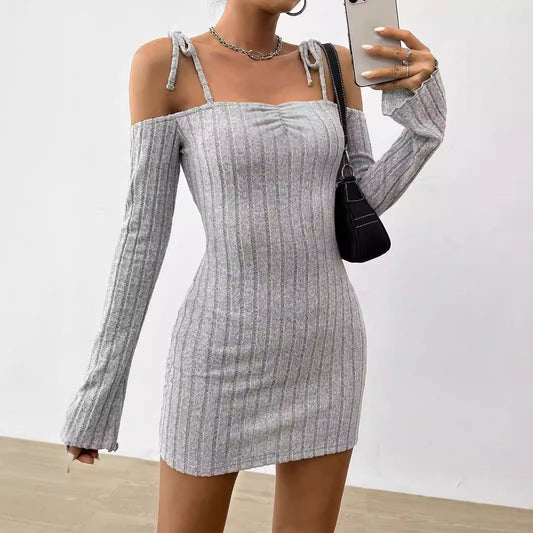 Damen Minikleid Schulterfrei Rippstrick Eveloria - Eveloria