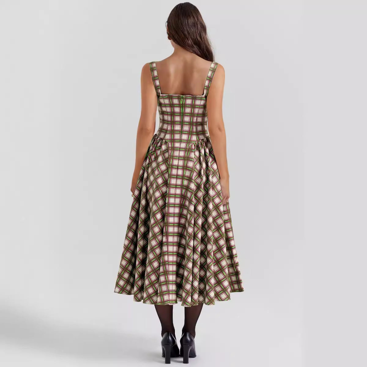 Damen Midikleid Kariert Tiefes Dekolleté Eveloria