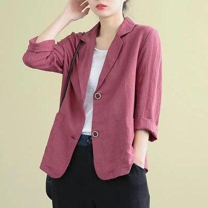 Damen Leinenblazer Lässig Kontrastknöpfe Beige