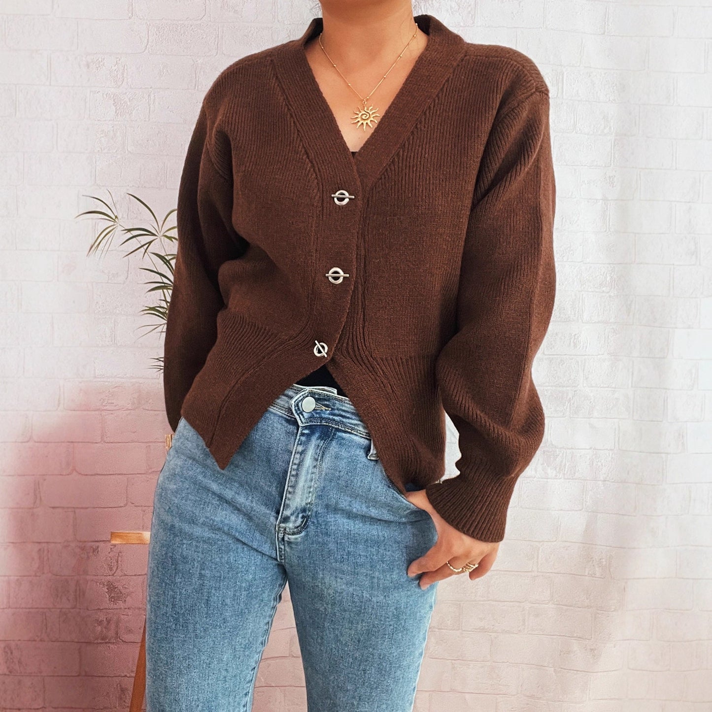 Damen Strickjacke V-Ausschnitt mit Knöpfen Elegant Eveloria