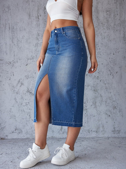 Damen Maxi Denimrock Mit Seitlichem Schlitz Blau