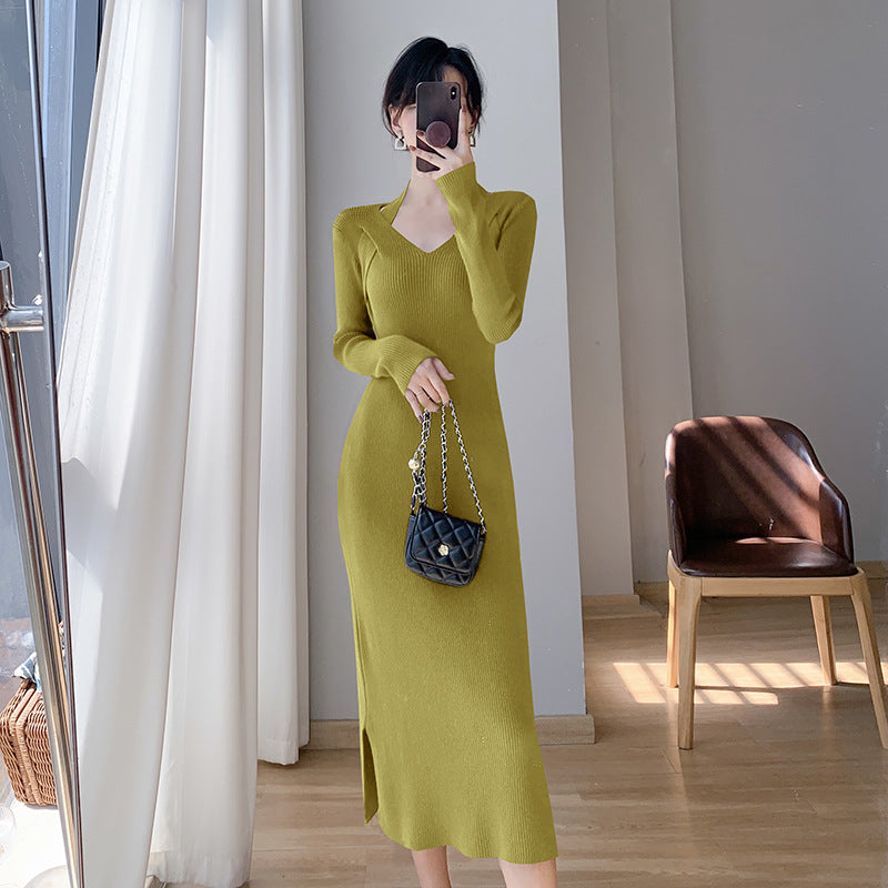 Damen Strickkleid V-Ausschnitt Seitenschlitze Eveloria