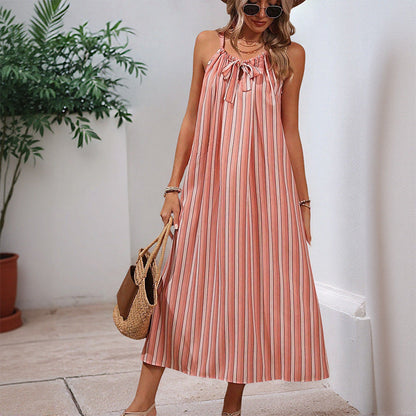 Damen Maxikleid mit Bindegürtel und Streifen