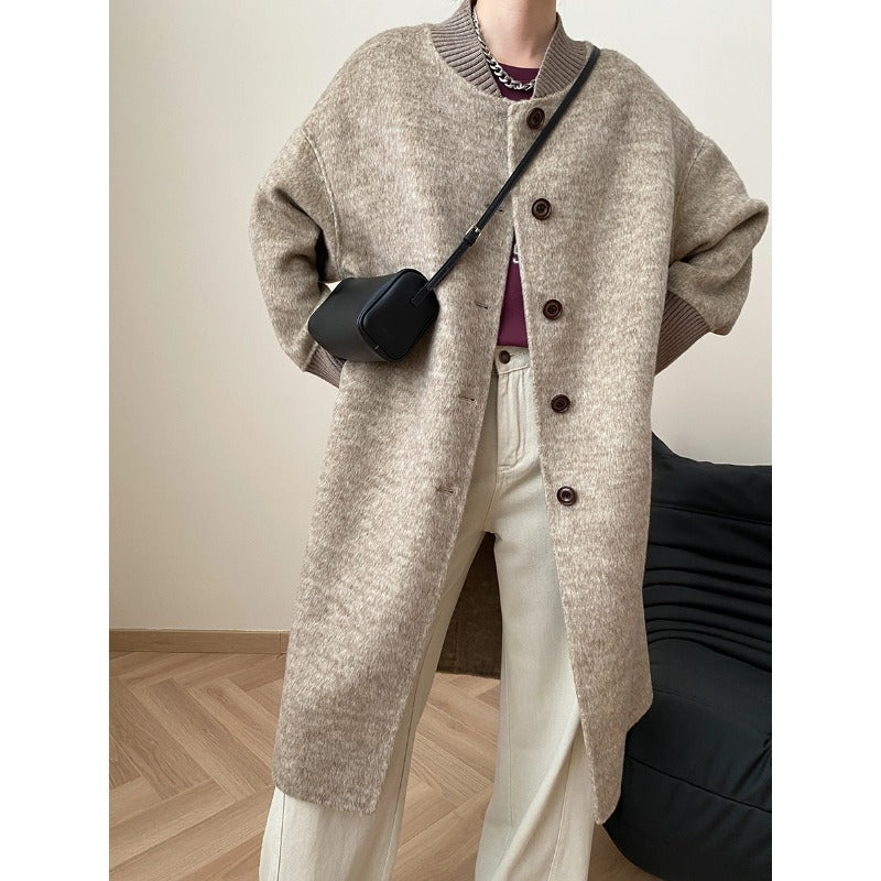 Damen Strickmantel Lang Lederknöpfe Elegantes Design Beige - Eveloria