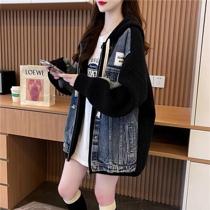 Damen Oversized Denimjacke Strickdetails Blau Eveloria