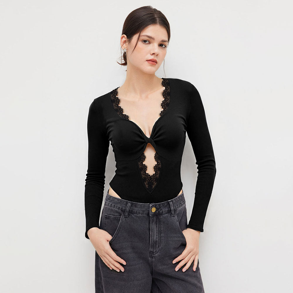 Damen Bodysuit V-Ausschnitt Spitze Eveloria
