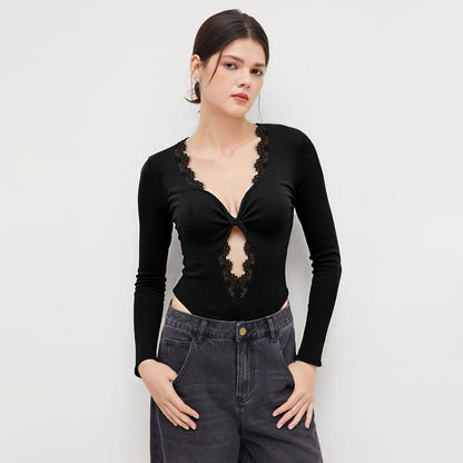 Damen Bodysuit V-Ausschnitt Spitze Eveloria