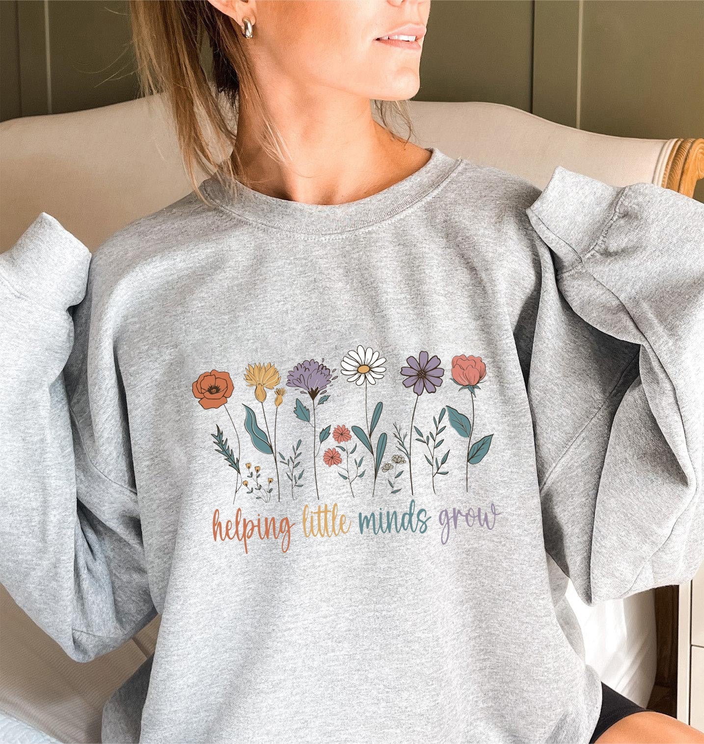 Damen Sweatshirt Voluminöse Ärmel Blumenmotiv Grau