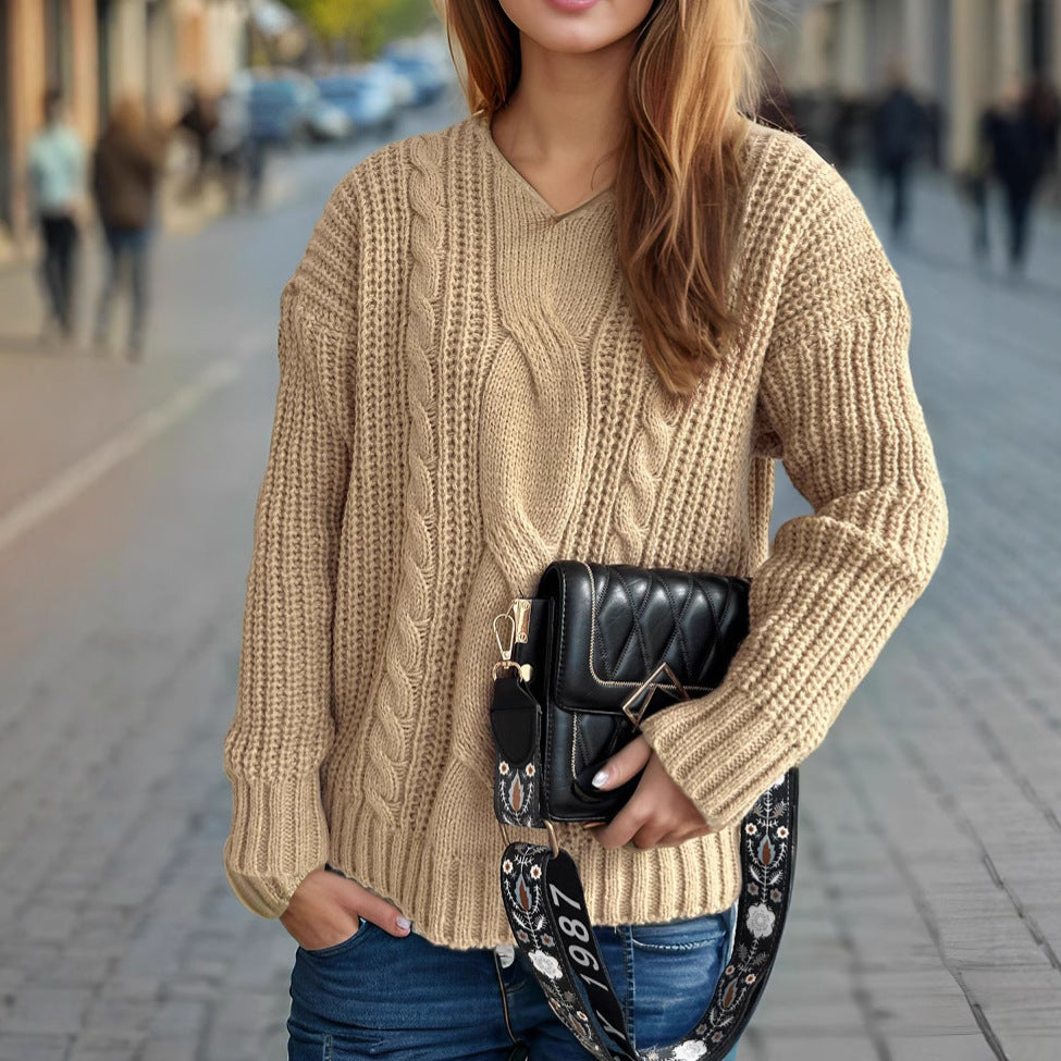 Damen Grobstrickpullover Zopfmuster Moderner Schnitt Eveloria - Eveloria